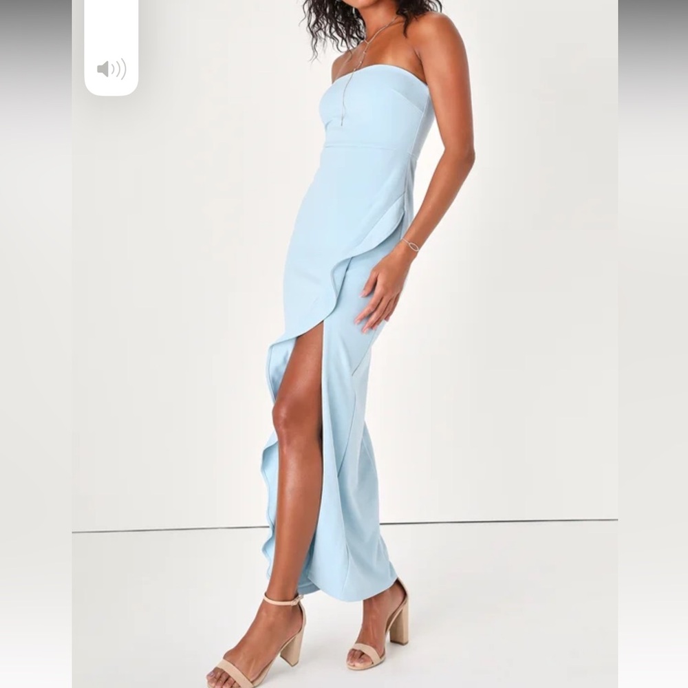 After Hours Light Blue Strapless Ruffled Maxi Dress - LULUS